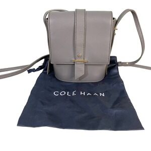 COLE HAAN Women's Gray Leather Flap Shoulder Crossbody Saddle Bag